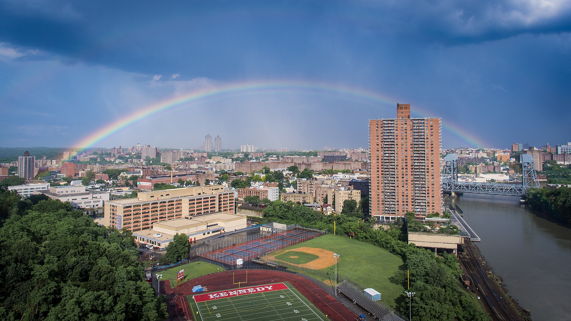 Aerial overview of the Marble Hill neighborhood in New York City