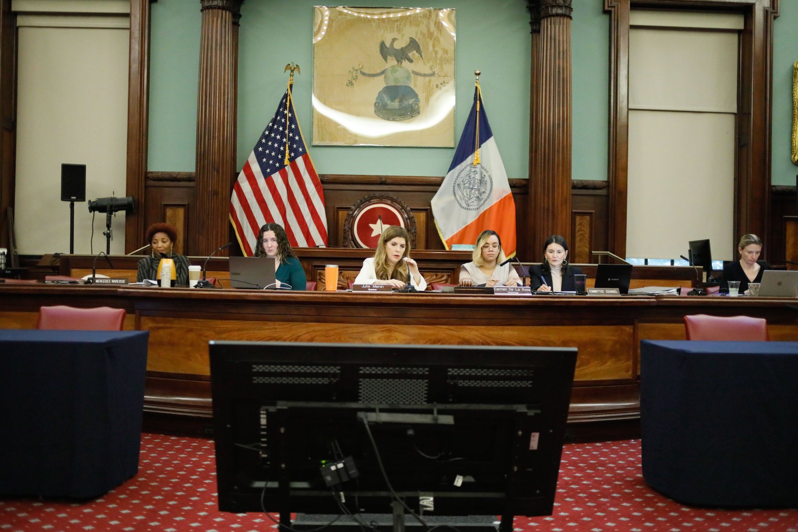 NYC Council Members Mercedes Narcisse, Julie Menin, Carmen De La Rosa and Virginia Maloney lead the Oct. 16, 2026 hearing on SpaceXAI and AI safety