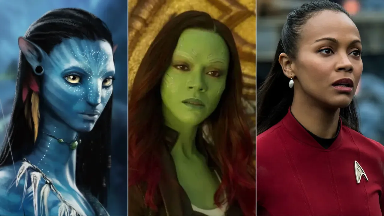 Zoe Saldaña as Neytiri, Gamora, and Uhura in her major sci fi roles.