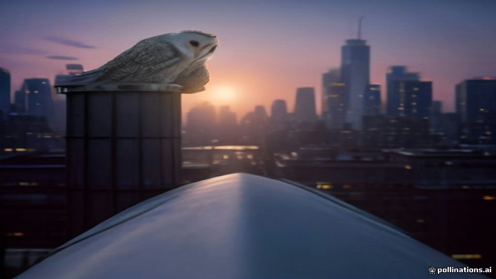 A barn owl perched on a rooftop water tower above a city skyline at dusk