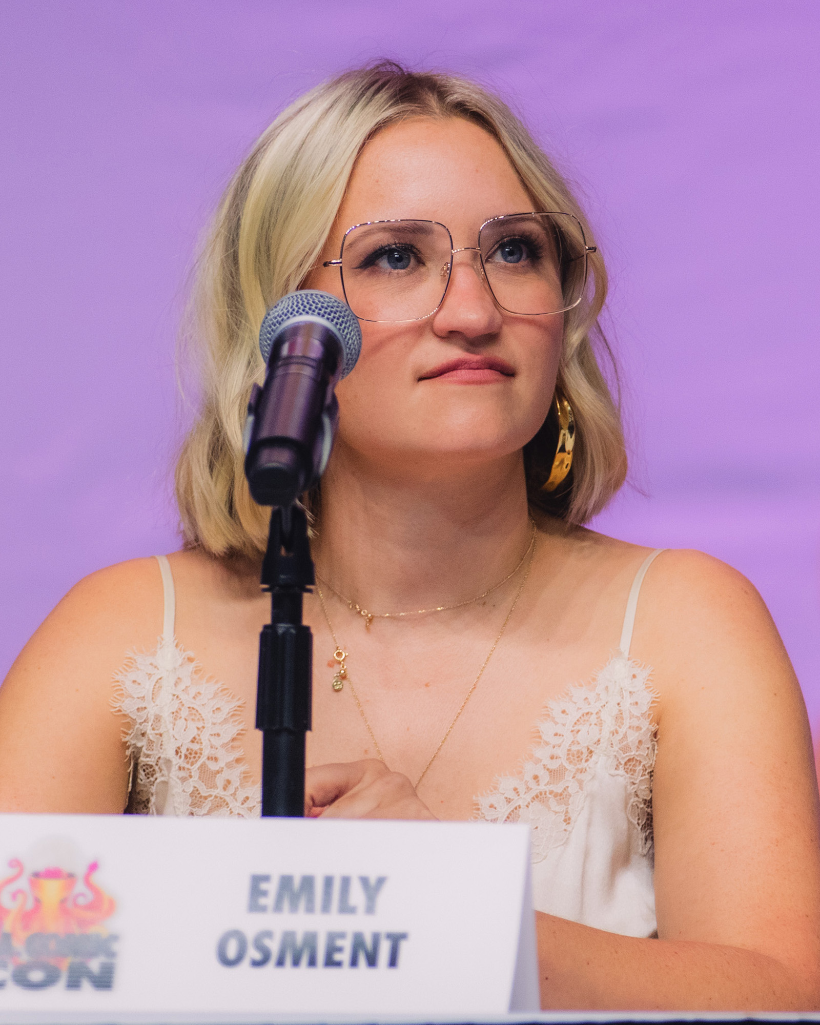 Emily Osment speaking at Los Angeles Comic Con in September 2025