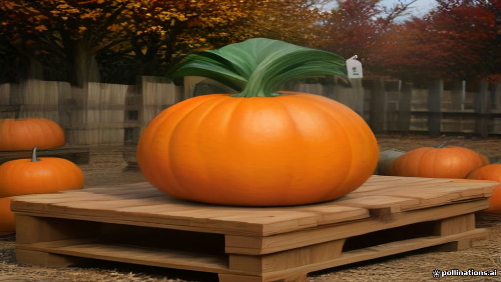 A giant orange pumpkin sitting on a wooden pallet at an autumn weigh-off contest