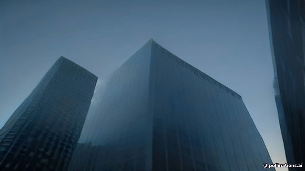A tall glass bank headquarters tower in a downtown financial district photographed from below at dusk