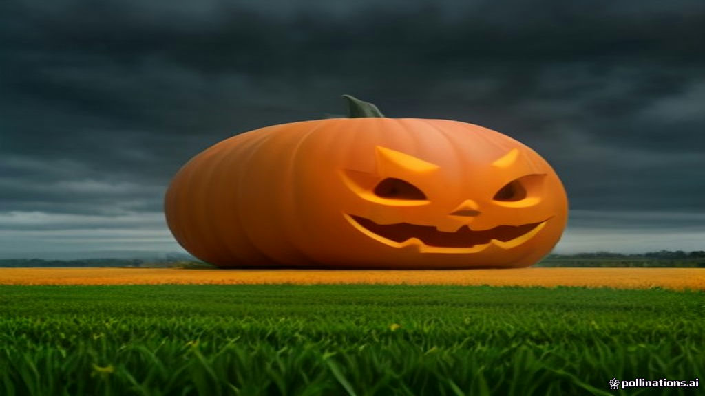 A huge inflatable jack-o'-lantern tumbling across a farm field under a stormy sky