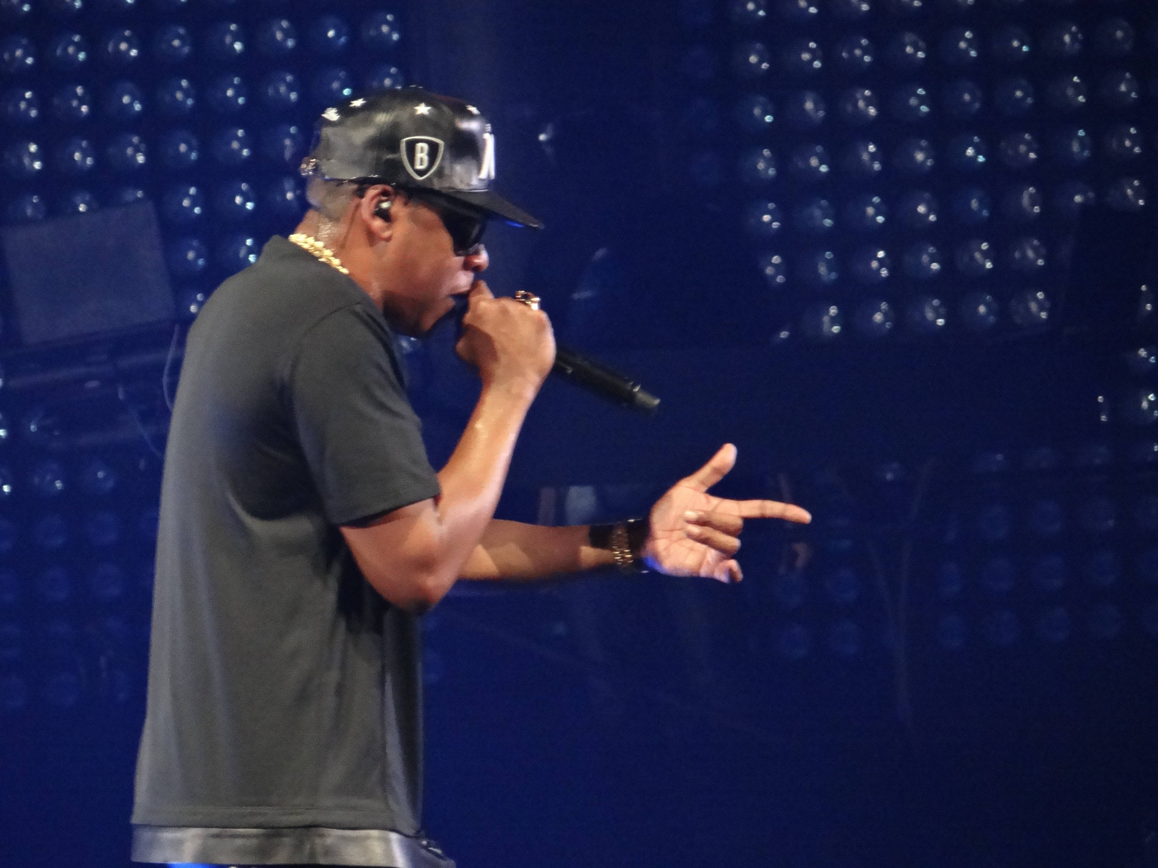 Jay-Z performing onstage during the Watch the Throne tour in Paris in 2012