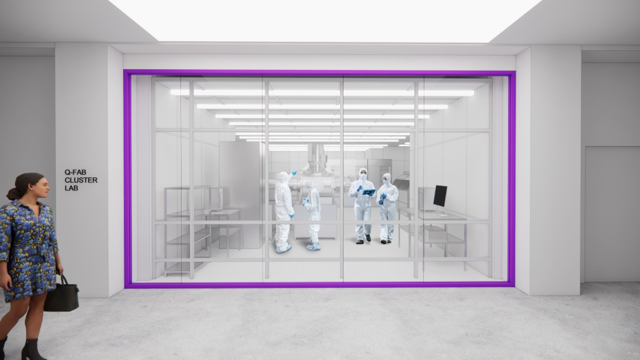 Rendering of researchers in cleanroom suits inside NYU's planned Quantum Fabrication Facility