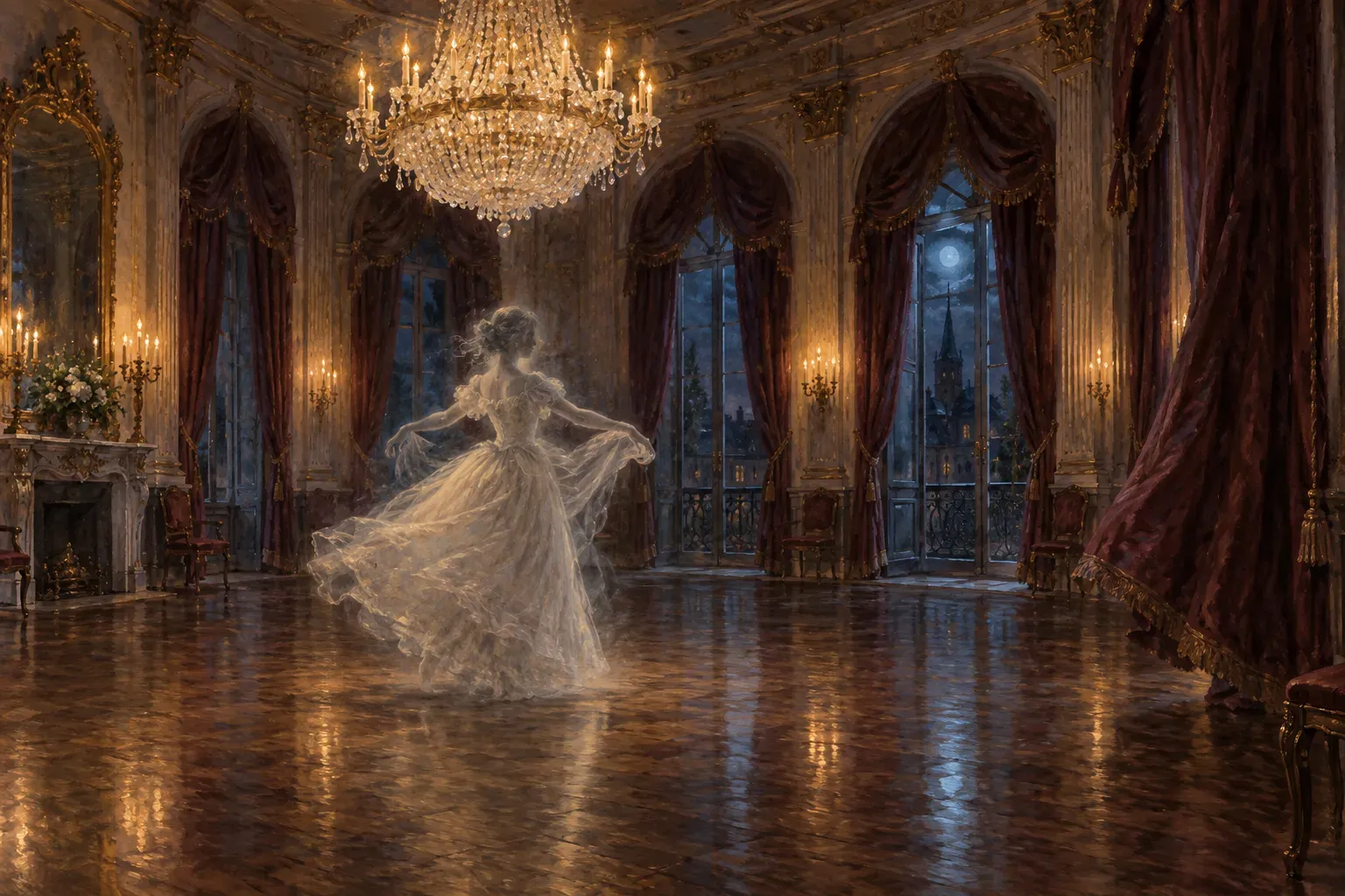 Painterly illustration of a ghostly dancer beneath a chandelier in the Orleans Ballroom.