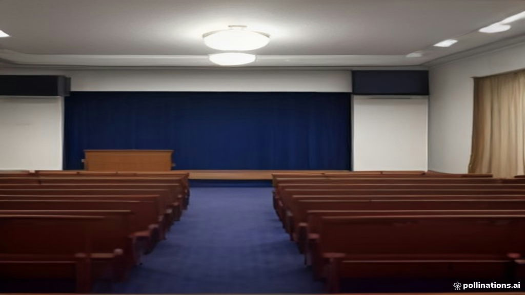 An empty press briefing room with a wooden podium in front of a blue backdrop and rows of reporters' seats