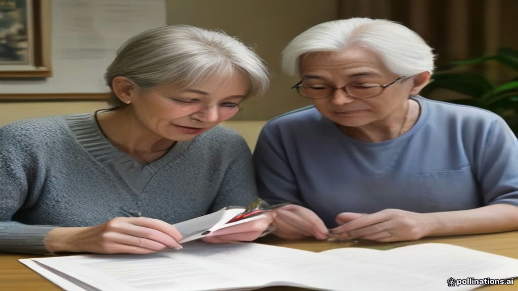 Two older adults' hands comparing health plan brochures beside a laptop on a dining table