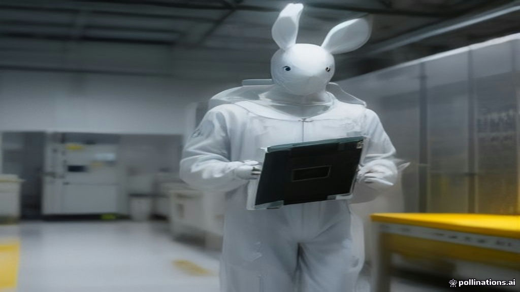 A technician in a full cleanroom suit holds a 300mm silicon wafer under yellow light inside a chip factory