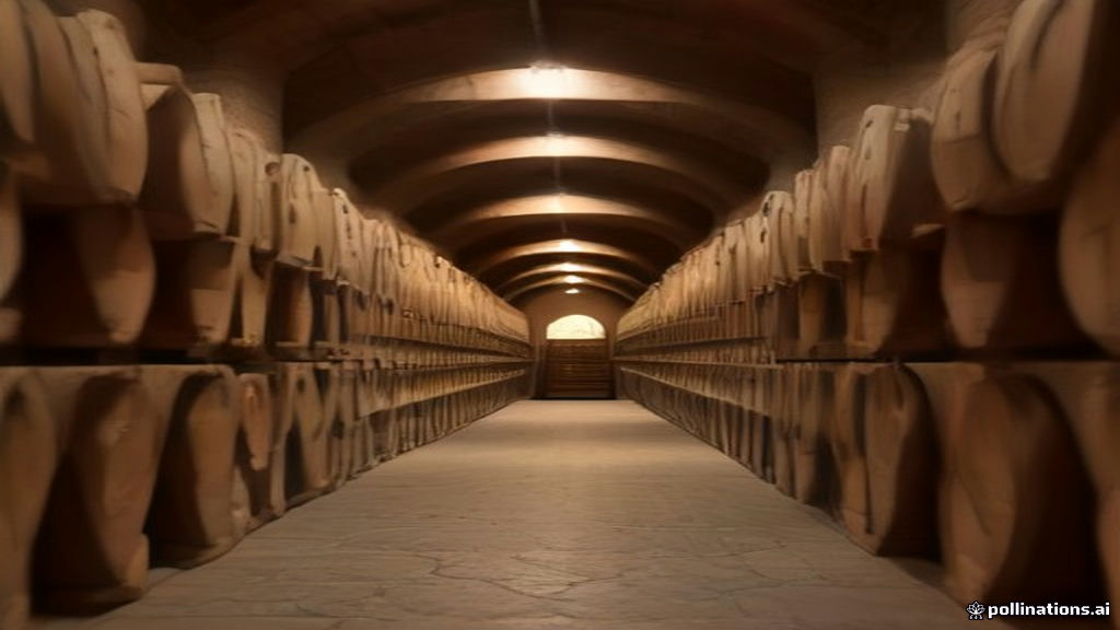 Rows of stacked wine bottles in a dim winery cellar with an empty gap where pallets once stood