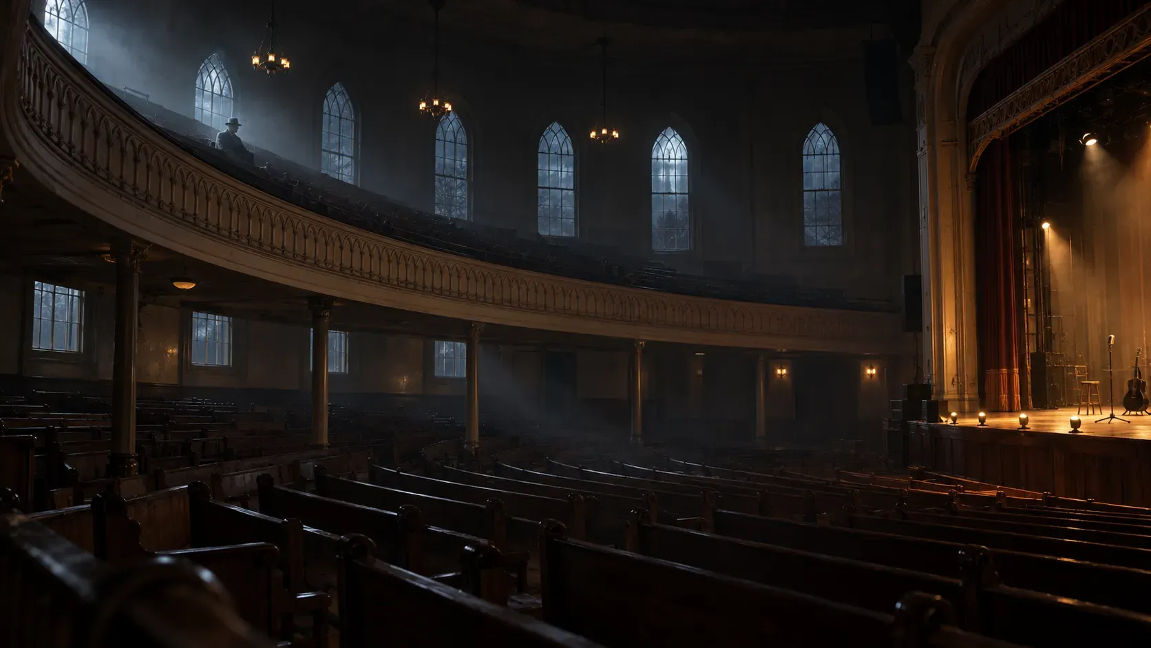 An indistinct gray figure sitting alone in the shadowed balcony of an empty Ryman Auditorium.
