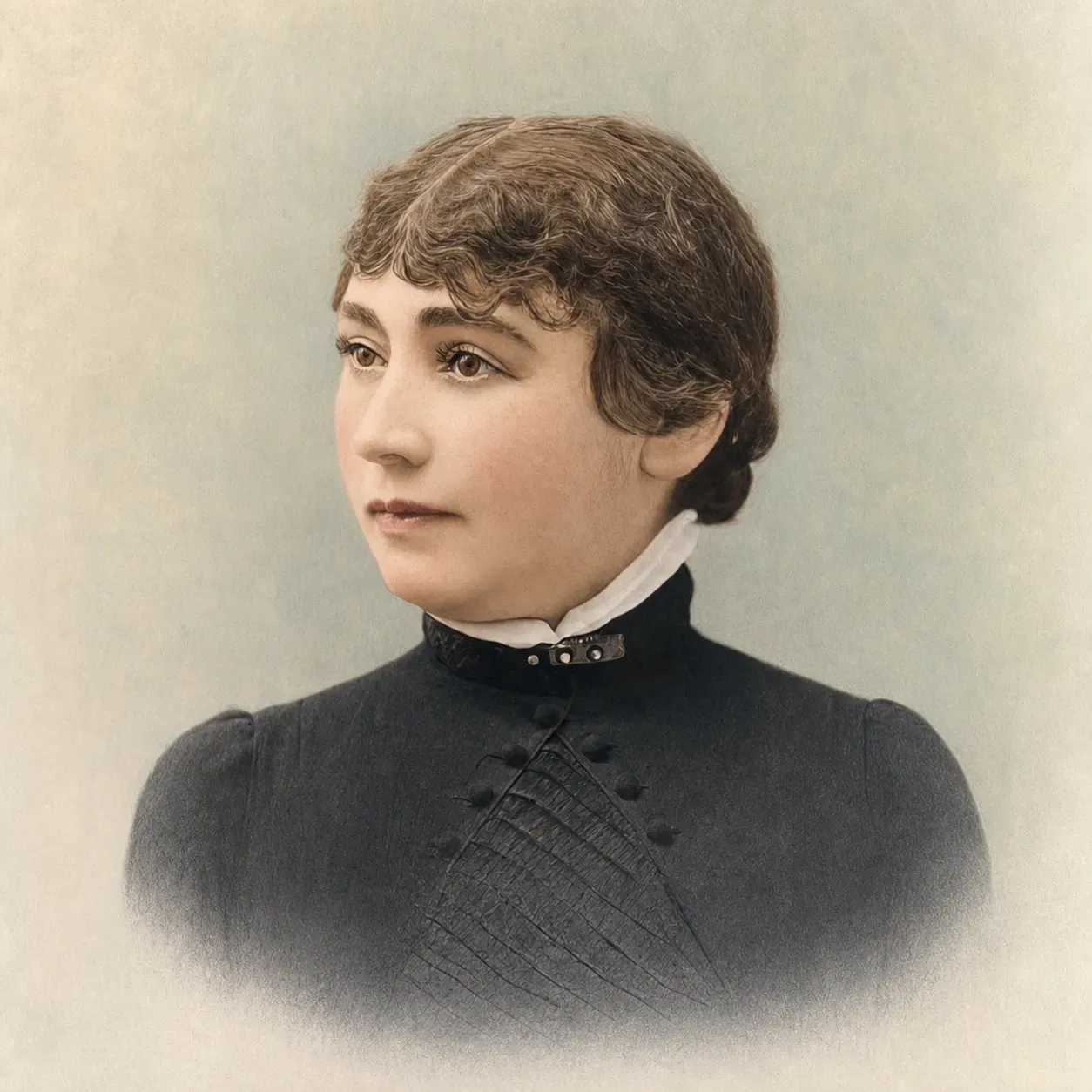 AI-colorized historical portrait of Sarah Lockwood Pardee Winchester wearing a dark Victorian dress