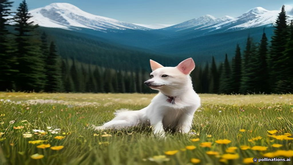 A small white terrier mix standing in a meadow with pine forest and mountains behind it